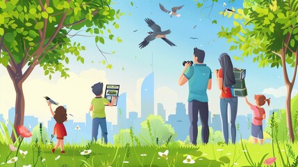 Family participating in a bird-watching event in a city park, binoculars and bird guides, trees and birds, educational morning.