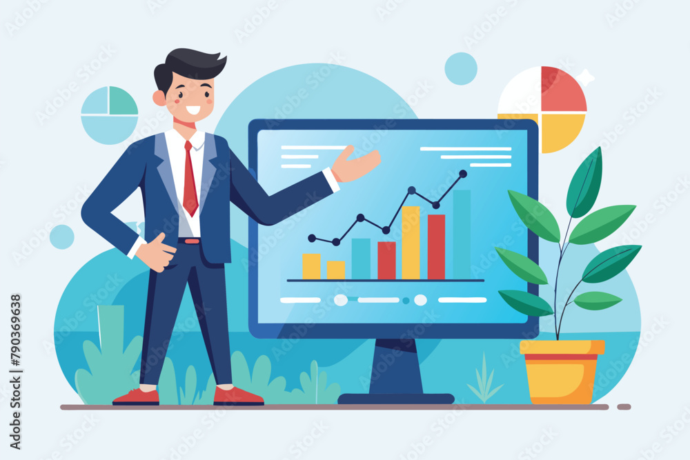Poster a man in business attire stands before a large screen displaying a stock graph, businessman showing 