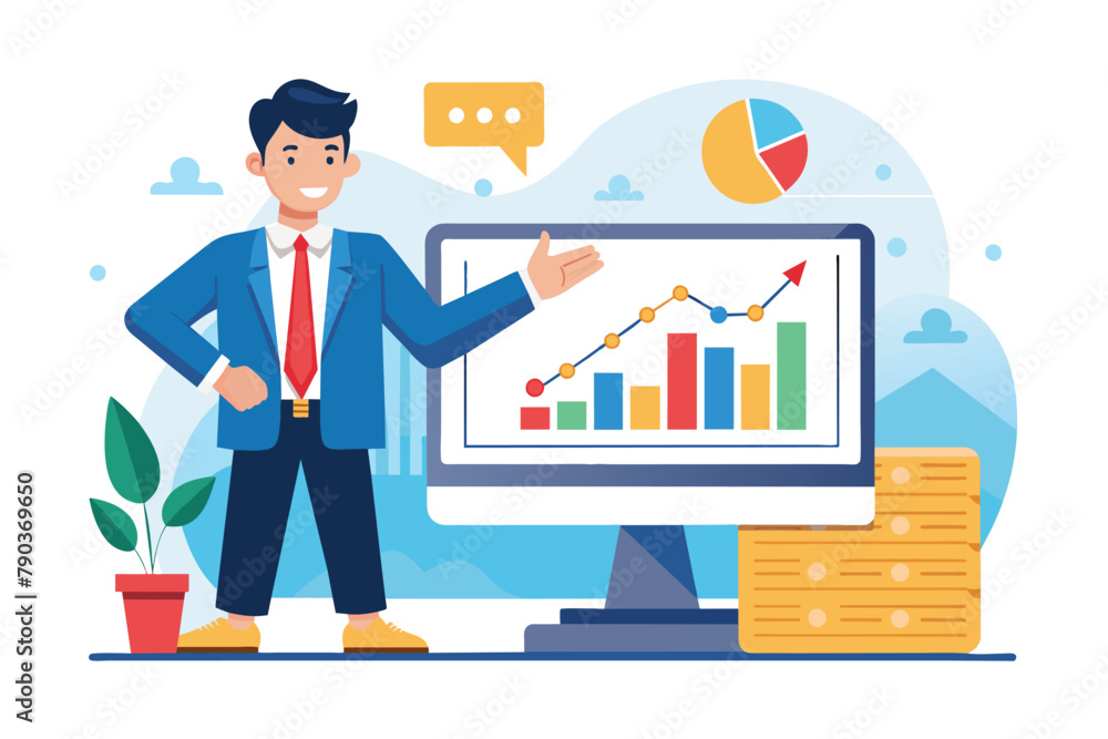 Poster a man standing in front of a computer screen displaying a stock chart, analyzing data, businessman s