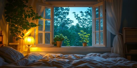 Summer night in the bedroom, interior with a window on a summer night