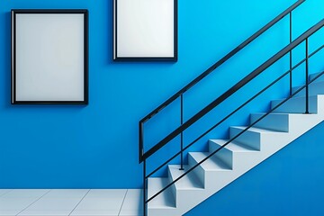 Futuristic Staircase with Glossy Black Frames on a Bright Electric Blue Wall, Ideal for Modern Art Galleries and Creative Space Mockups.