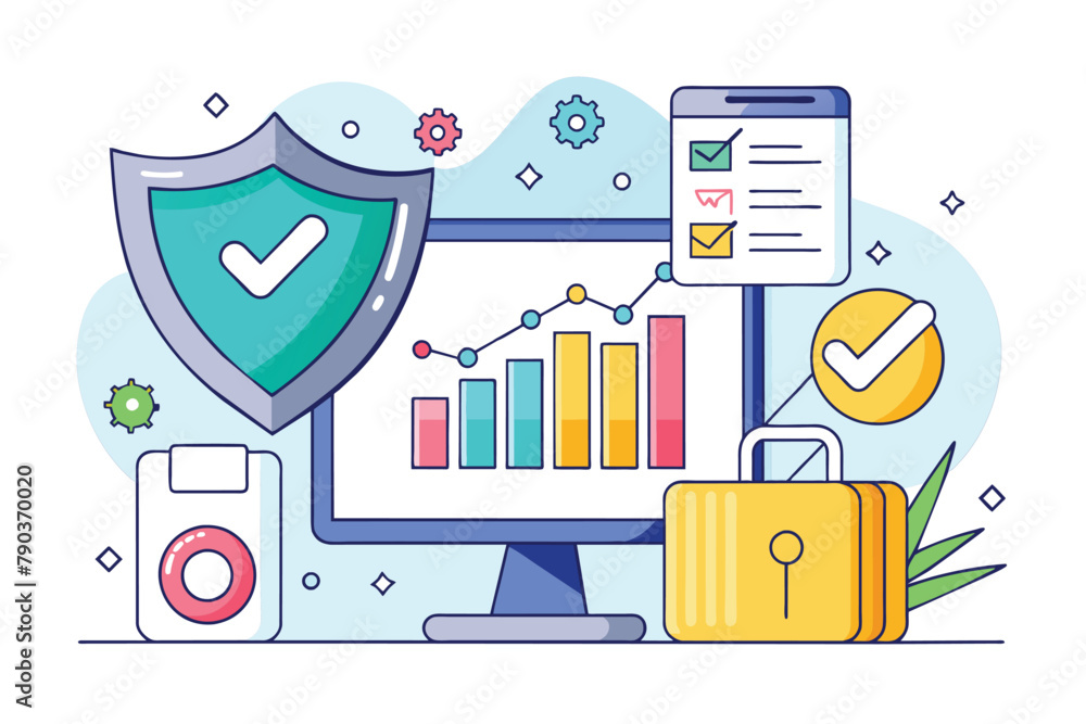 Poster a computer featuring a shield symbol and a check mark, indicating enhanced security and successful v