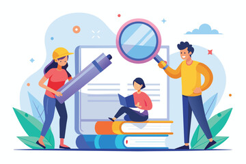 People Examining Book With Magnifying Glass, characters with huge magnifying glass and pencil edit and correct mistakes in book, Simple and minimalist flat Vector Illustration