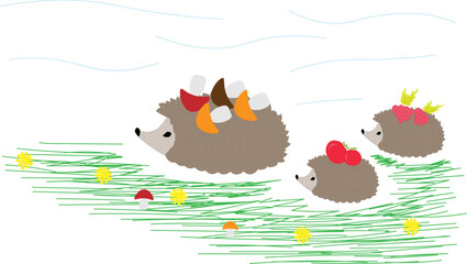 Three brown hedgehogs with a red apple, autumn leaves and mushrooms