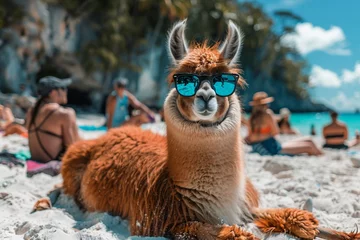 Gordijnen A llama laying on the beach with sunglasses and a hat, AI © starush