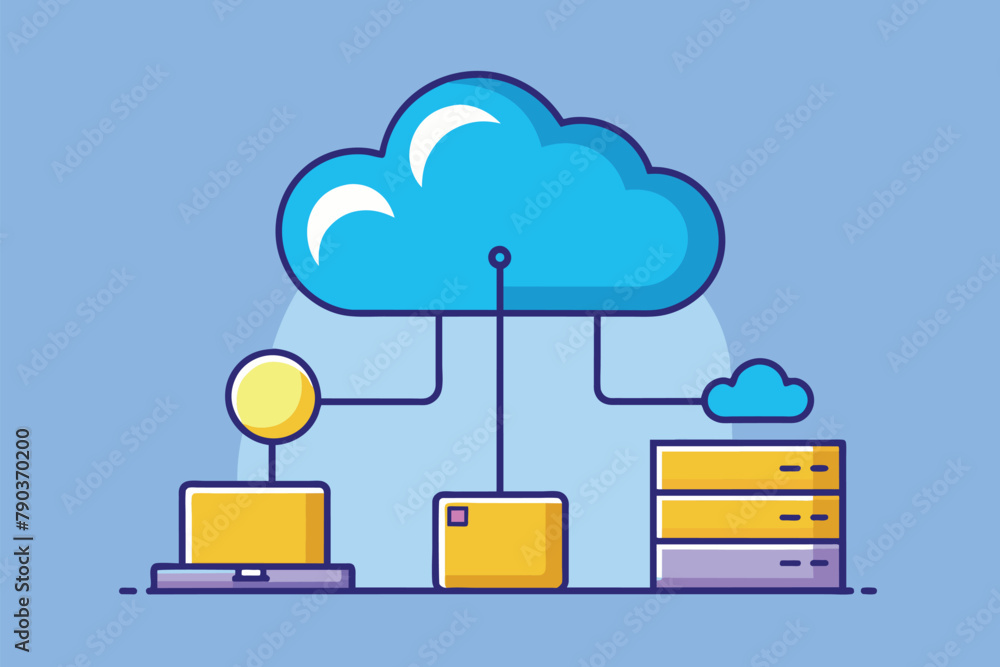 Poster a blue cloud with a yellow box placed on top of it, cloud data synchronization, simple and minimalis
