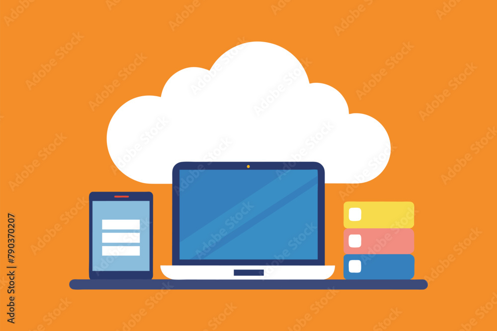 Poster a laptop computer is placed on top of a desk in a simple and minimalistic setting, cloud service wit
