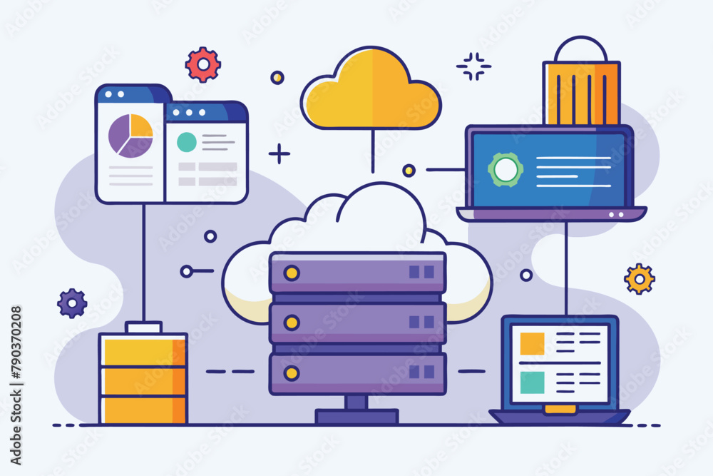 Poster a computer and laptop placed on a cloud, showcasing cloud computing and data storage technology, clo