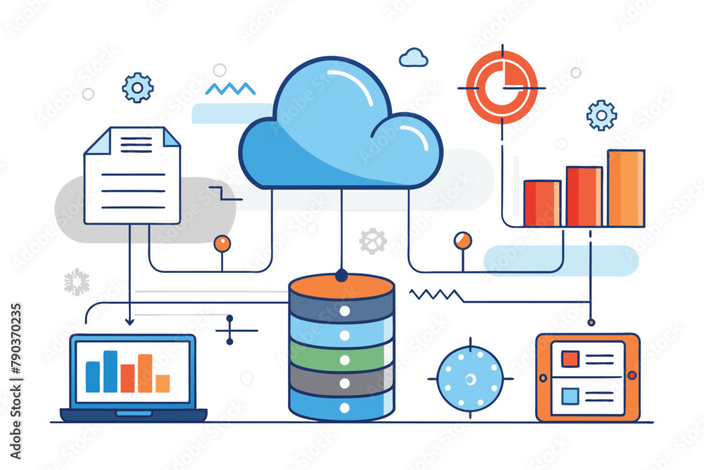 Poster a cloud displaying data hovers over a laptop, symbolizing digital connectivity and information shari