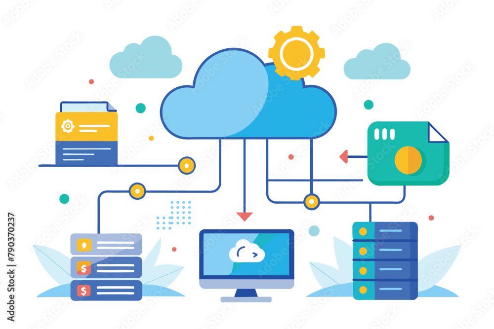 Poster a visual representation of a cloud storage data connection between a computer and printer, cloud sto