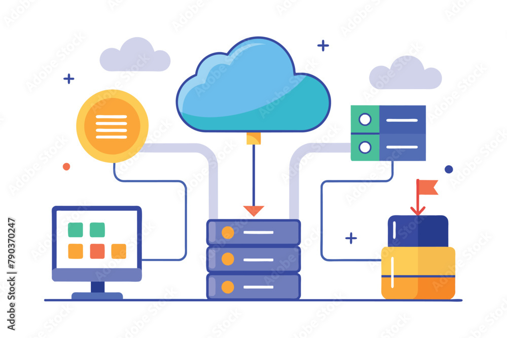 Poster connection between cloud and electronic devices - computer and laptop, cloud storage data storage pr