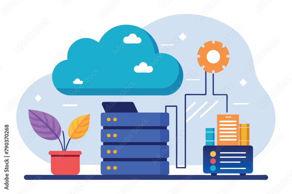 Poster a stack of books with a cloud hovering above them in a simple and minimalist setting, cloud storage 