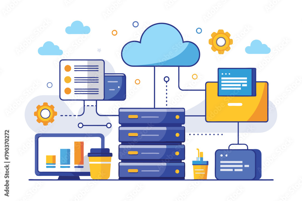 Poster data stack with cloud, cloud system storage file download database protection concept data center fi
