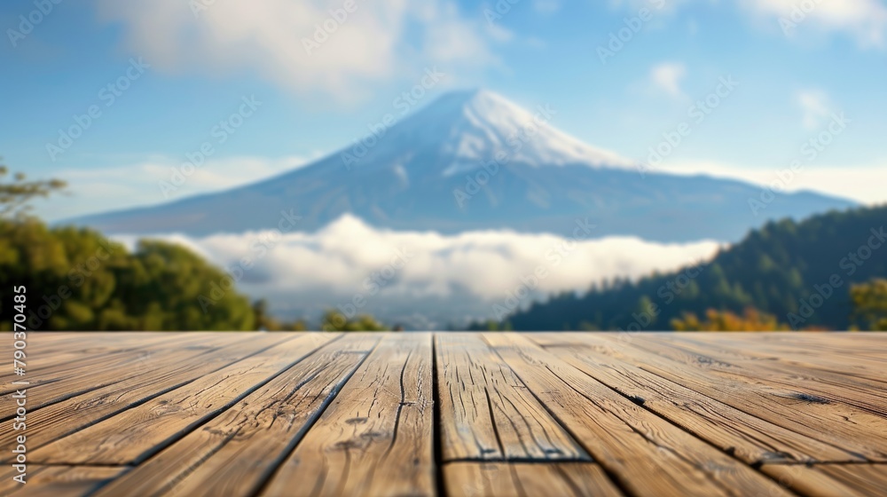 Poster wooden surface with a blurred backdrop and mount fuji in the background as a copy space for creating