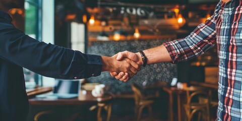 Business mens handshake, greetings or success deal or hiring, coat, t-shirt 