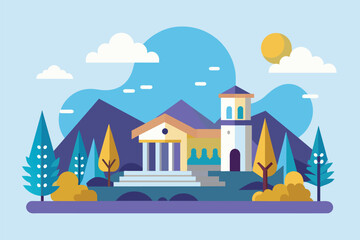 Fototapeta na wymiar A church stands amid a forest of trees with towering mountains in the background, College project, Simple and minimalist flat Vector Illustration