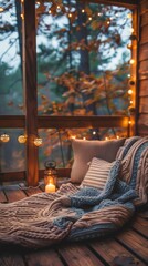 A blanket on a porch with lights and candles, AI