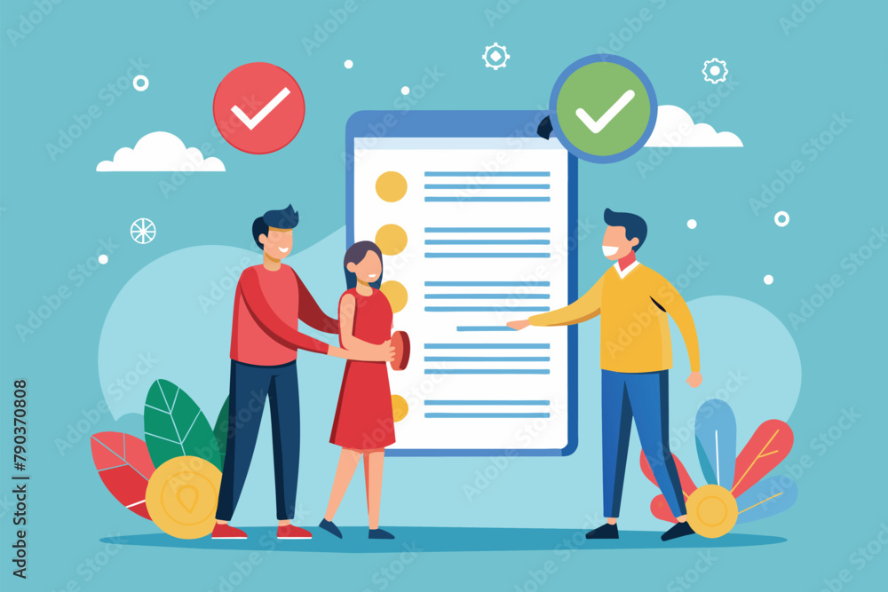 Poster group of people standing around large document, completion of contracts for cooperation, simple and 