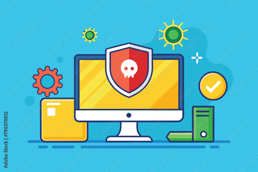 Poster a computer screen displaying a skull icon, symbolic of potential malware or virus threats, computer 