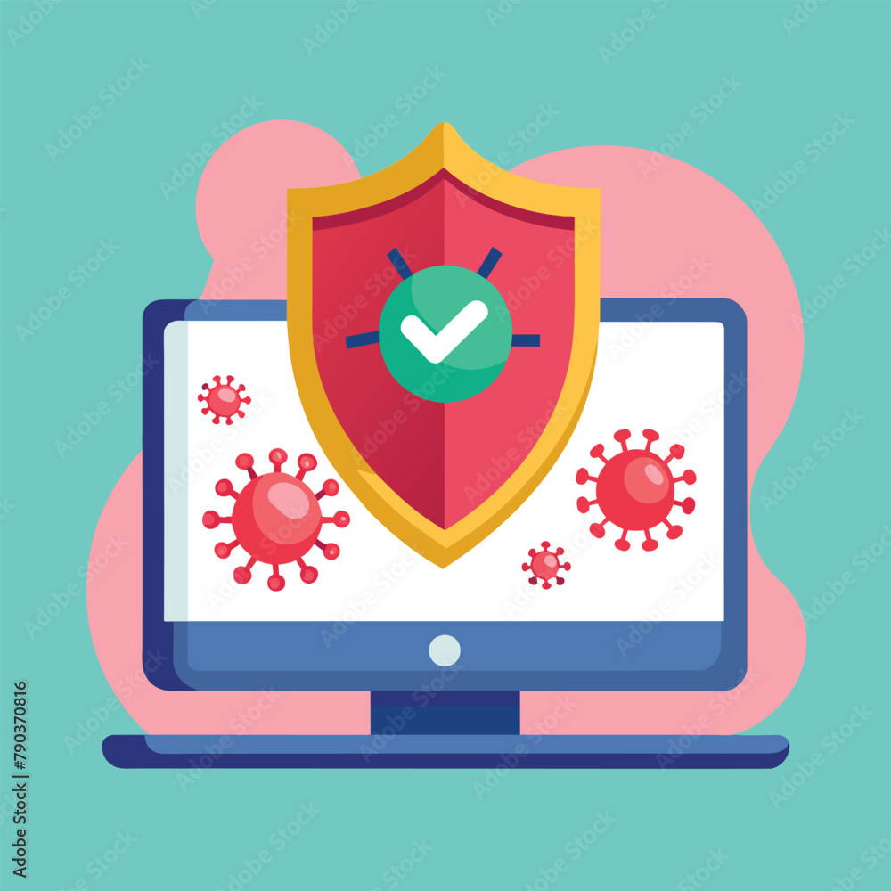 Poster a laptop displaying a shield icon with a tick symbol, indicating cybersecurity protection, computer 