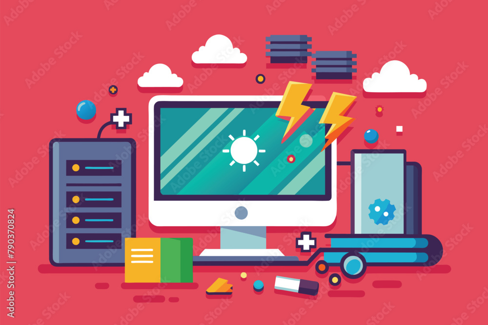 Poster a computer screen is shown with a lightning bolt bursting out from it, indicating a potential electr