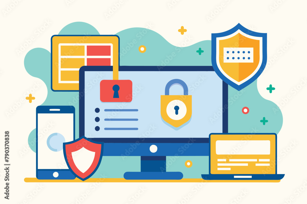 Poster a digital padlock is displayed on a computer screen, symbolizing data security and protection, compu