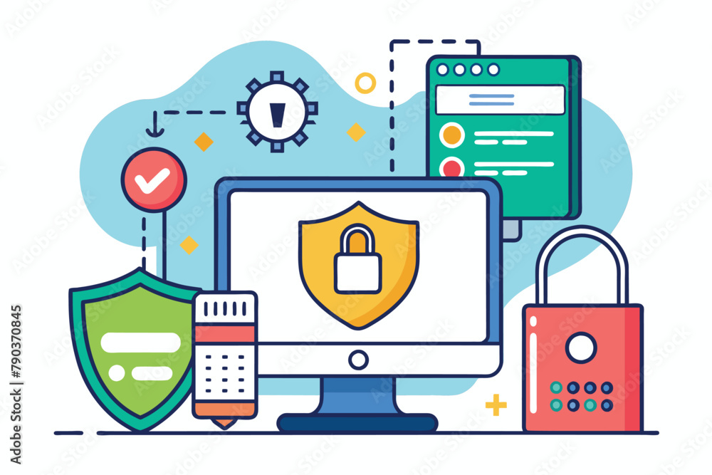 Poster a computer protected by two padlocks, enhancing data security with a simple and minimalist approach,