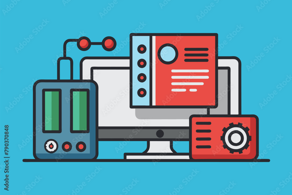 Poster a computer monitor and a cell phone are placed on a desk, computer hardware user manual, simple and 
