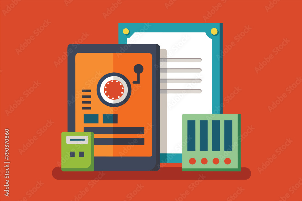 Aufkleber a tablet device with a magnifying glass placed next to it, computer hardware user manual, simple and