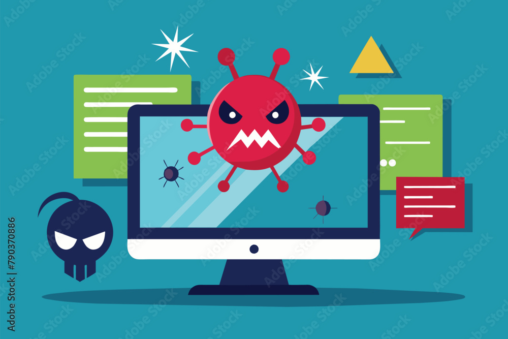 Poster a cartoon character is visible on a computer screen, depicting a digital interaction, computer malwa