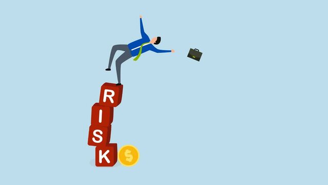 Investment risk, Animation of investor falling stack block word RISK effect money coin.