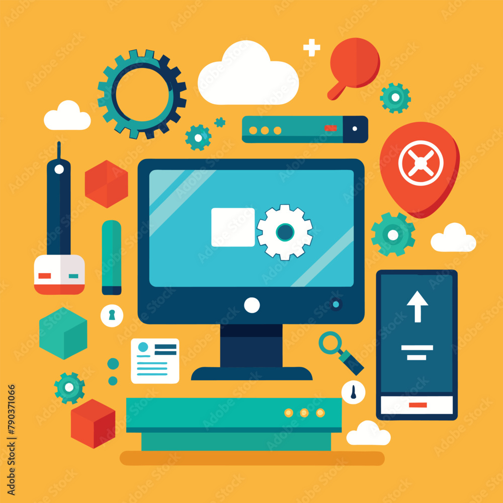 Poster a computer screen surrounded by different electronic devices, portraying a tech setup, computer trou