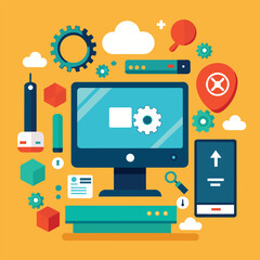 A computer screen surrounded by different electronic devices, portraying a tech setup, computer troubleshooting service, Simple and minimalist flat Vector Illustration