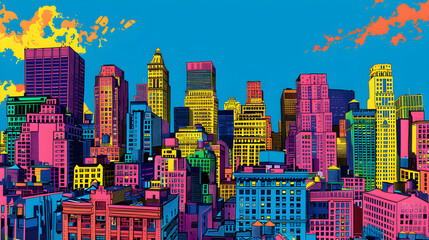 Stylized Pop Art Cityscape: A Vibrant Ode to Urban Architecture Brought Alive by the Pop Movement