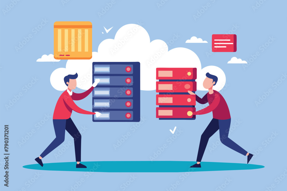 Poster two men carrying a large stack of data files into a cloud storage system, concept of men backing up 