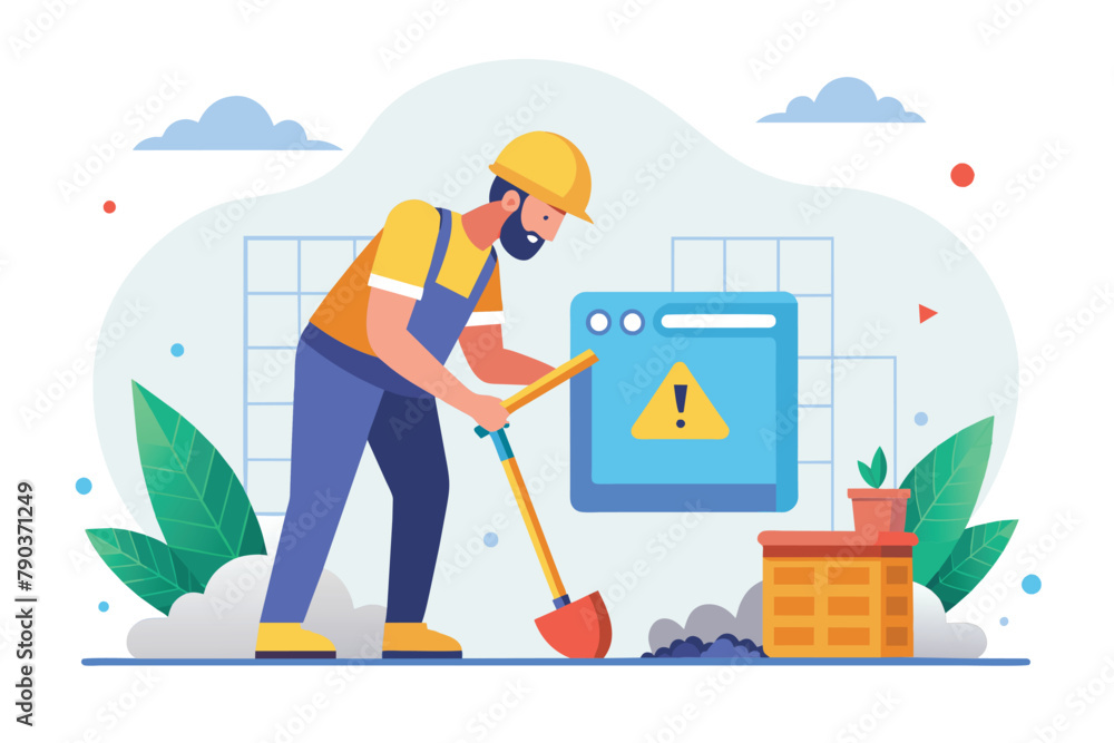 Poster a construction worker is using a shovel to fix an error on a screen displaying page not found, repai