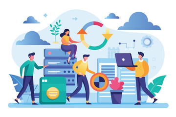 People gathered around a stack of data, discussing and analyzing information, concept of people backing up data, Simple and minimalist flat Vector Illustration