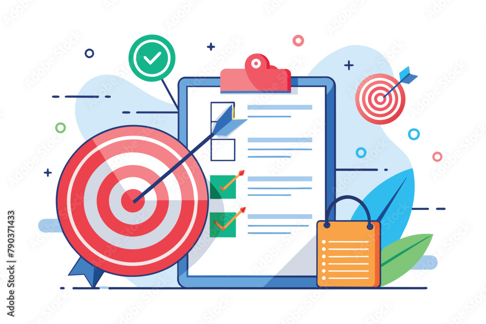 Poster a clipboard featuring a dart and target design, symbolizing precision and focus in achieving goals, 