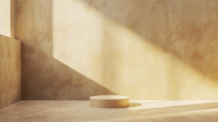 A small, round pedestal sits in the middle of a room with a tan wall. The room is empty and the pedestal is the only object in the space. The pedestal is made of wood and has a simple