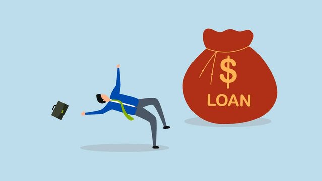 Entrepreneur soft loan to continue business in economic crisis, Animation of attempted broke businessman little commerce proprietor falling on the floor attempting to get bank credit.