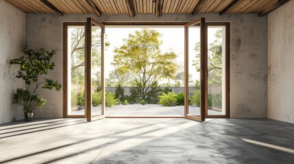 A large open room with a tree outside and a potted plant inside. The room is empty and has a lot of natural light coming in through the windows