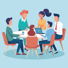 Obraz premium Group of People Sitting Around a Table, Cooperation with business people sitting at the table, and communication, Simple and minimalist flat Vector Illustration