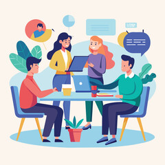 Group of Business People Collaborating Around Table With Laptop, Cooperation with business people sitting at the table, and communication, Simple and minimalist flat Vector Illustration