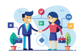 A man and a woman in business attire shaking hands as a sign of cooperation and agreement in a professional setting, Cooperation with companies, Simple and minimalist flat Vector Illustration