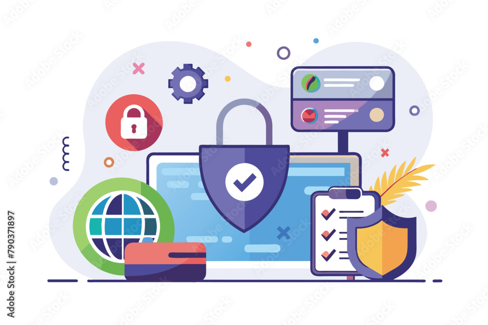 Poster a computer protected by a padlock and shield, illustrating security measures against unauthorized ac