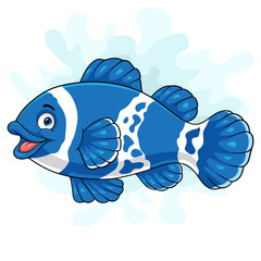 Cartoon blue clown fish on white background