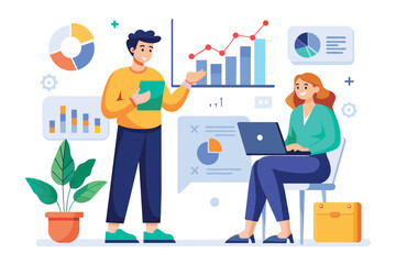 A man and a woman seated at a table, deeply engaged in discussing data graph analysis on a laptop, coworkers discussing data graph analysis, Simple and minimalist flat Vector Illustration