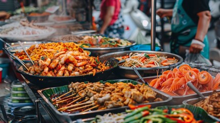 Naklejka premium Thai street food: A bustling market scene showcases an array of vibrant Thai dishes, enticing with their aromatic flavors and spices
