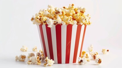 Closeup striped bucket with many tasty popcorn snack on white background. AI generated image