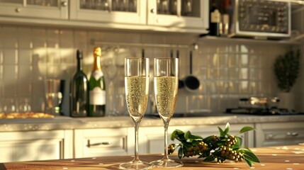 Obraz premium Birthday celebration Serving bubbly brut champagne cava or prosecco in tulip glasses in a home kitchen setting